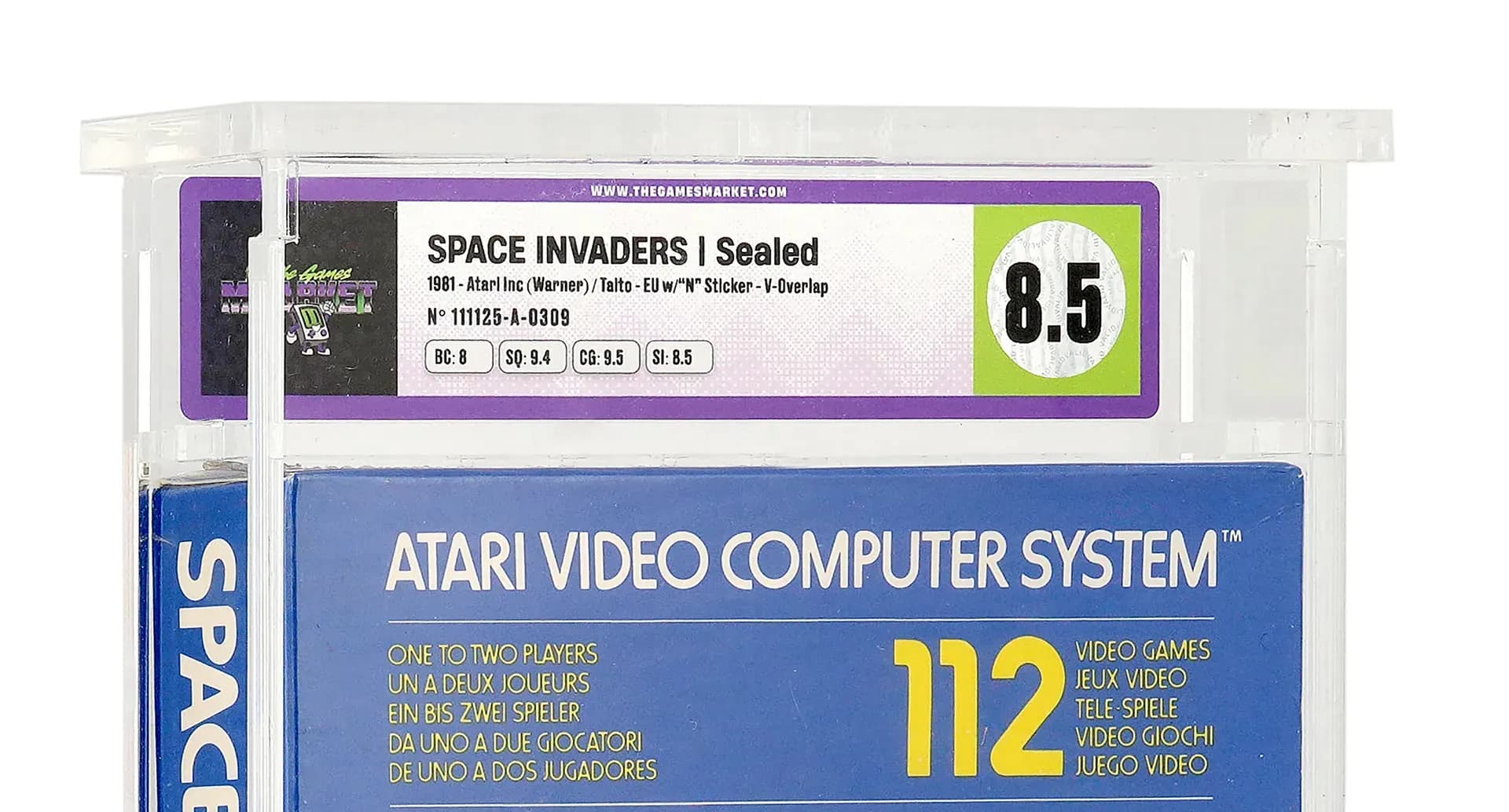 TGMGrading-Label auf einem versiegelten Case: Space Invaders von 1981 mit Note 8.5 und Unternoten