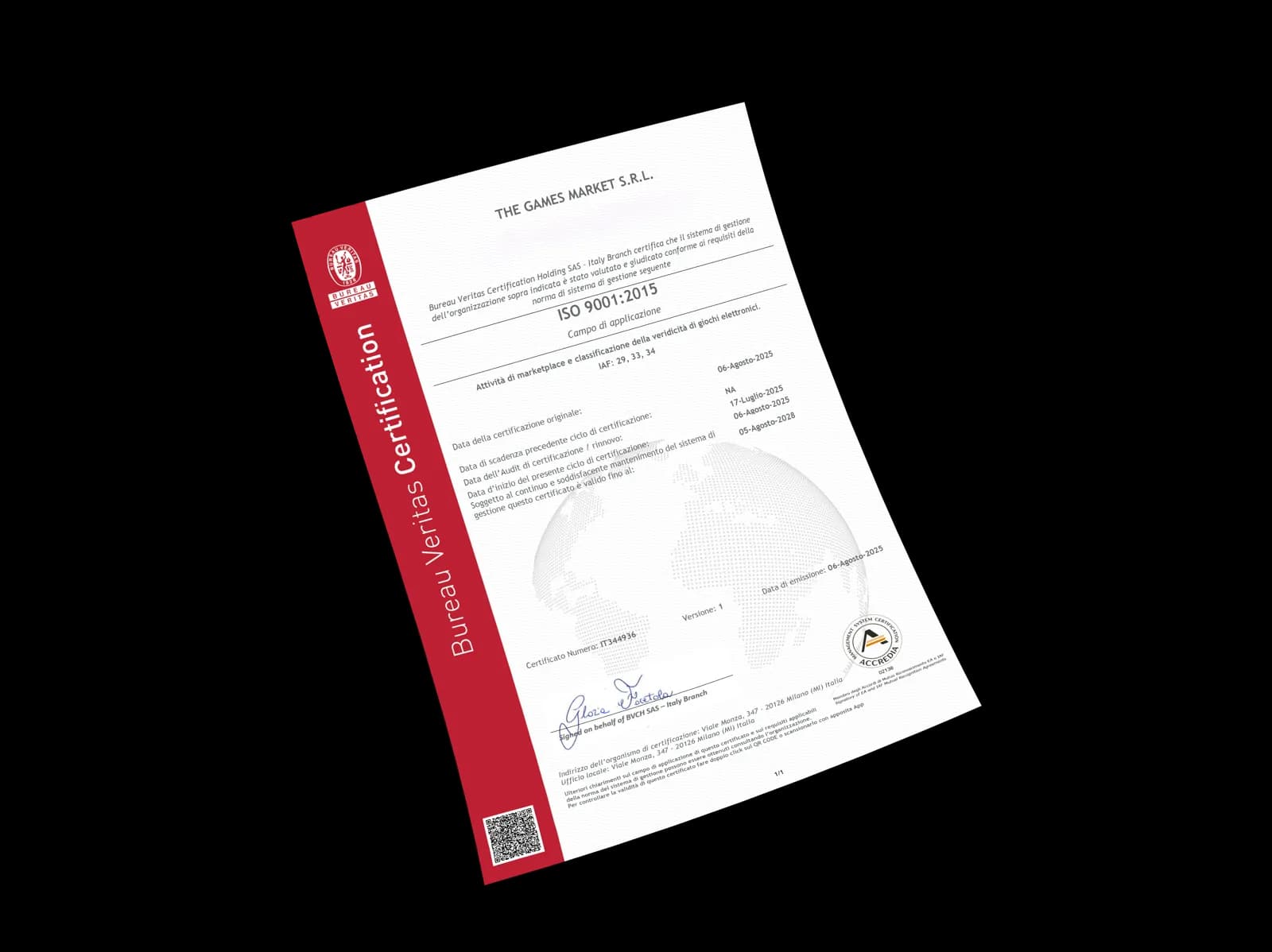 Das ISO 9001:2015 Zertifikat, ausgestellt an The Games Market S.r.l. von Bureau Veritas Certification, Nummer IT344936