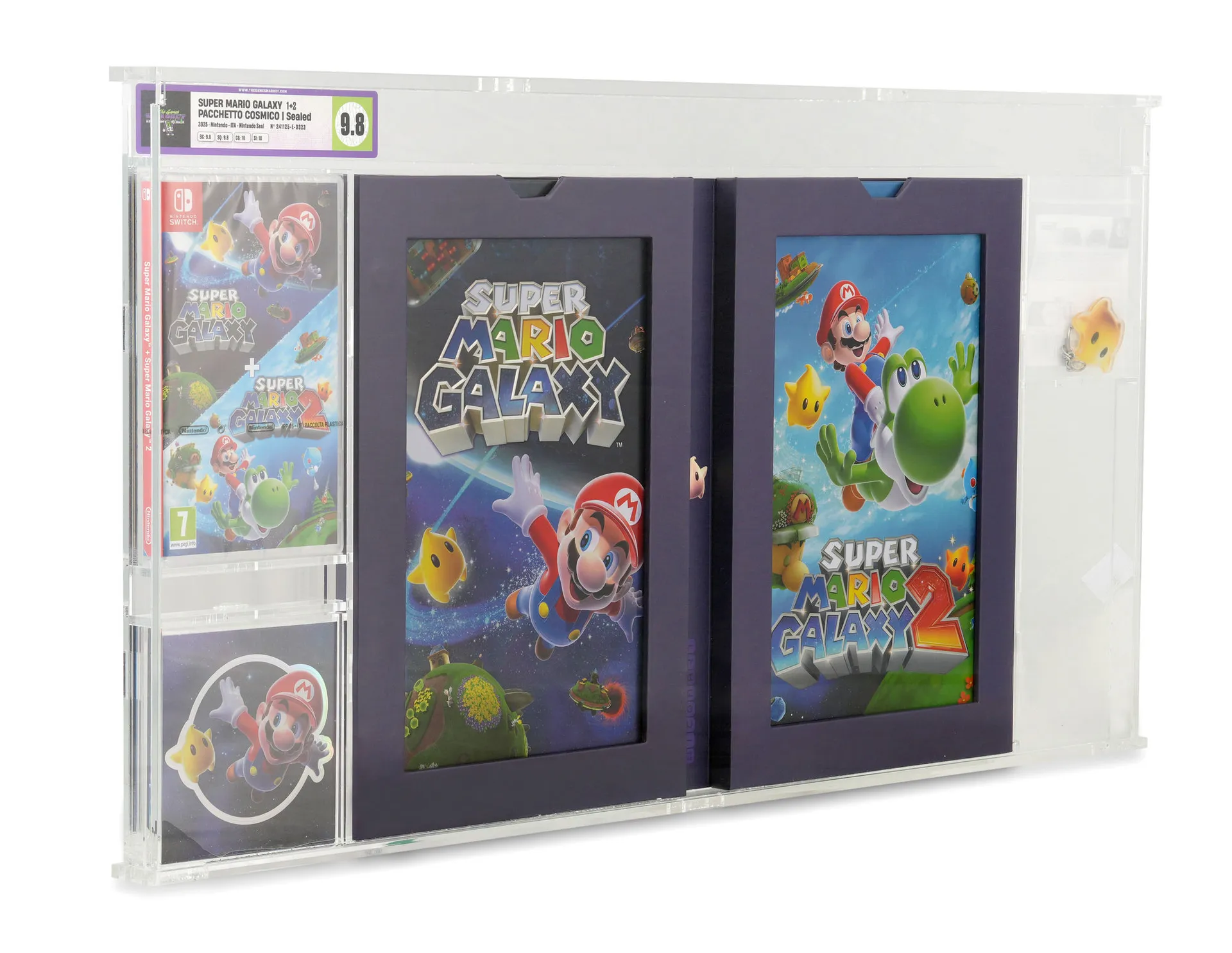 Custom box TGM 'Pacchetto Cosmico' con Super Mario Galaxy 1 y Super Mario Galaxy 2 precintados y gradeados, presentados uno junto al otro con marco dedicado, cartela doble y postal decorativa