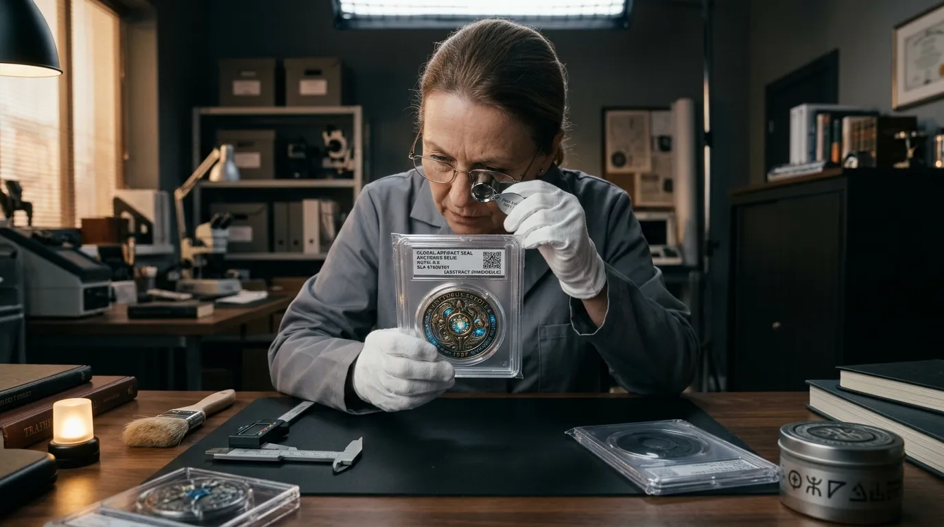 Une conservatrice examine à la loupe un jeu vidéo de collection gradé et scellé, en laboratoire