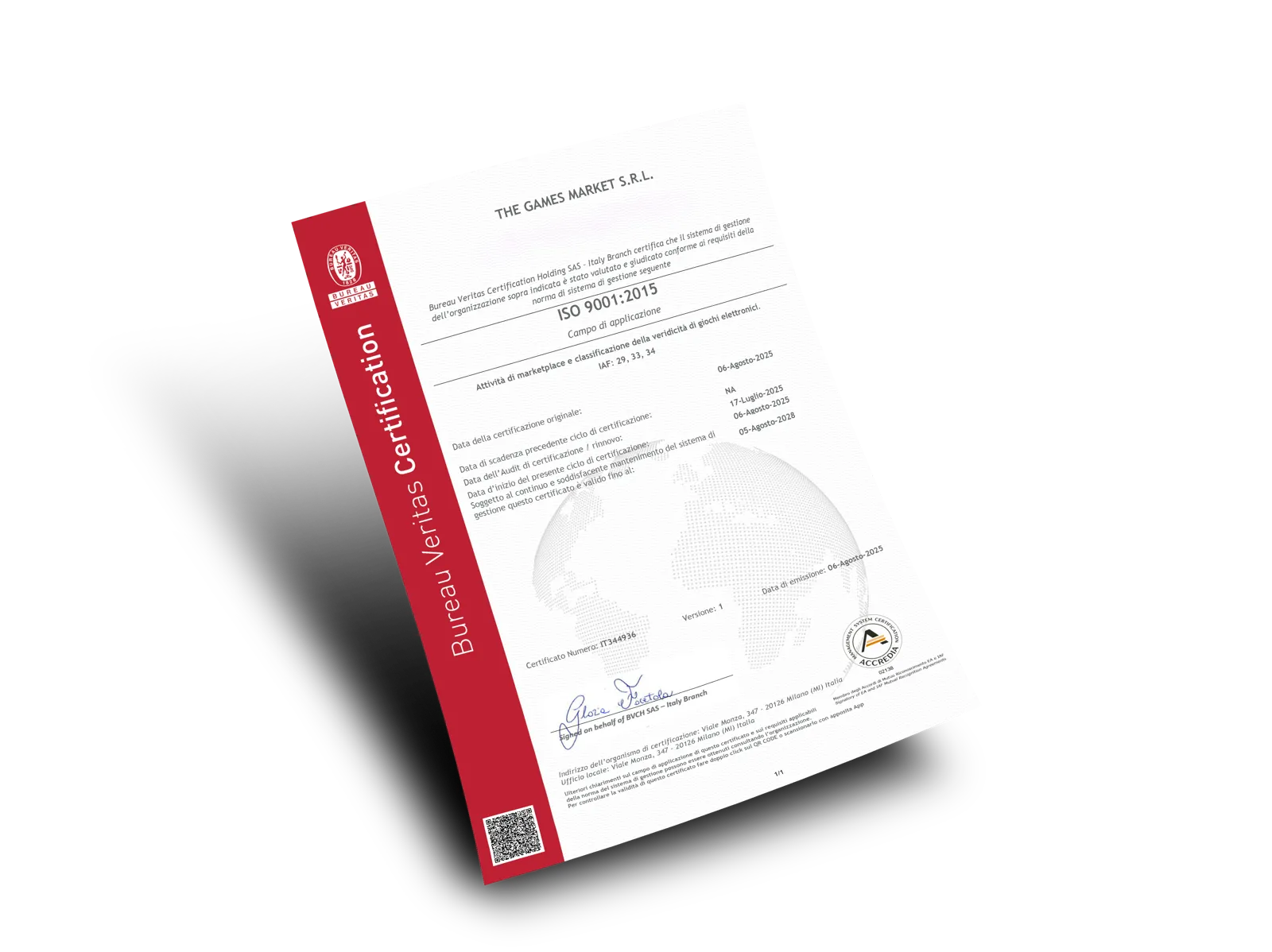 El certificado ISO 9001:2015 de The Games Market emitido por Bureau Veritas, número IT344936