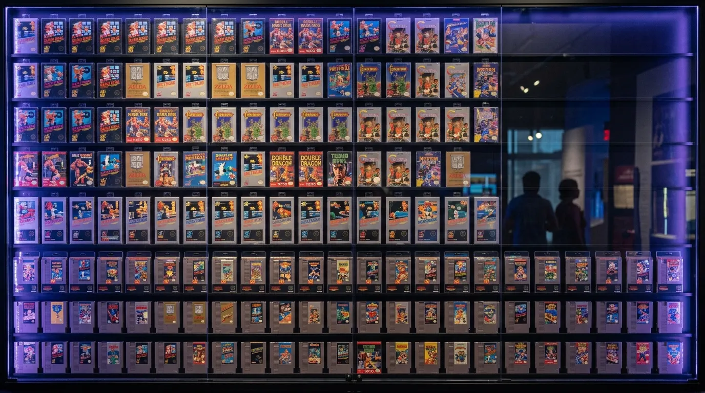 Eine große beleuchtete Ausstellungswand mit versiegelten NES-Videospielen in Schutzkapseln, in einem Museum